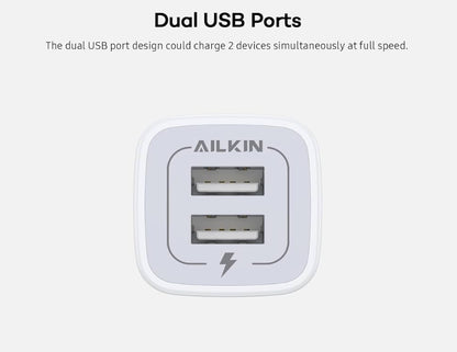 Dual USB ports for charging two devices simultaneously with full speed power adapter